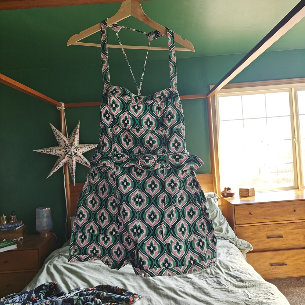 Anthropologie Green and Pink Patterned Jumpsuit